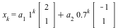 x[k] = `+`(Typesetting:-delayDotProduct(`*`(a[1], `*`(`^`(1, k))), Vector[column](%id = 18446744078173736702), true), Typesetting:-delayDotProduct(`*`(a[2], `*`(`^`(.7, k))), Vector[column](%id = 1844...