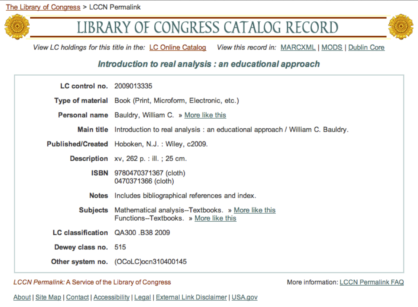 Library of Congress Catalog Record